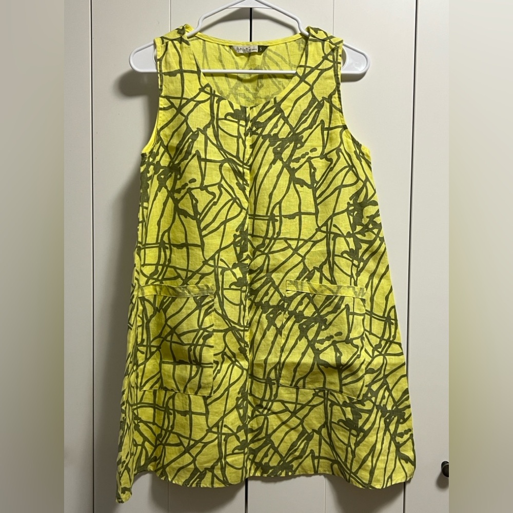 Chalet oversized S linen tunic yellow and green pattern